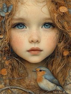 a painting of a girl with blue eyes and freckles on her head, next to a bird