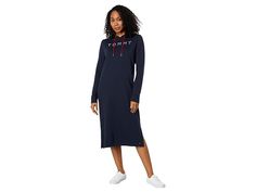 Tommy Hilfiger Logo Hoodie Sweaterdress - Women's Dress : Sky Captain : Tommy Hilfiger Logo Hoodie Sweaterdress is designed to offer comfort and make you feel stylish too! A perfect pick to flaunt effortlessly. Pullover style. Attached hood with drawstring. Long sleeves. Branding on the chest. Ribbed cuffs and straight hemline. Hem vents for comfort walking. Branding near the left hem vent. Intended to fall below knees. 60% cotton, 40% polyester. Machine wash, tumble dry. Imported. Measurements: Spring Hooded Dress With Drawstring, Casual Long Sleeve Drawstring Dress, Casual Long Sleeve Dress With Drawstring, Sporty Long Sleeve Dress, Casual Hooded Sweatshirt Dress With Drawstring, Hooded Sweatshirt Dress With Drawstring Hood, Spring Sweatshirt Dress Loungewear, Hooded Fall Loungewear Dress, Hooded Loungewear Dress For Fall