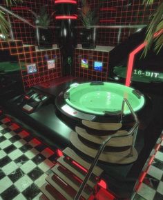 a futuristic bathroom with a green tub and checkered floor