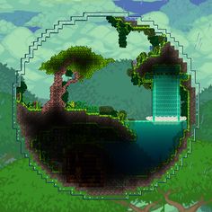 an old - school computer game with a tree and waterfall in the middle, surrounded by blue water