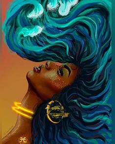 a digital painting of a woman with blue hair and gold jewelry on her neck, looking up at the sky