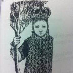 a drawing of a woman holding a tree in her hand and wearing a crown on top of her head