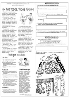 an article in the spanish language with pictures of children and adults on it, including two people