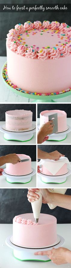 how to frost a pink cake with sprinkles and icing on it