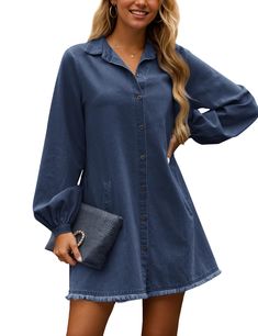 PRICES MAY VARY. Material---Denim shirt dress 2024 is made of 95% Cotton,5% Polyester,breathable,durable and soft denim material with no stretch,suit for spring,fall and winter days. Features---Denim dress for women features fully button down,lapel collar,flowy and tiered A line dress,back tiered,fringe hem,loose fit,above the knee length,two side pockets to keep your small things like phone,super cute denim babydoll dress for women. Match---Short jean dress is ideal to pair with leggings,a belt Jeans Dresses For Women, Shirt Dress With Pockets, Denim Tunic, Womens Denim Dress, Jean Shirt, Short Jean, Jean Dress, Womens Denim, Dress Back