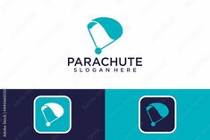 the logo for parachute is designed in blue and white with an image of a bell