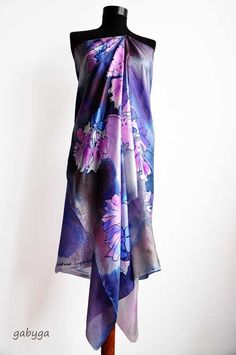 Gray Orchids Purple hand painted silk Woman gift Painted by GABYGA Silk Shawl Scarf, Silk Shawl Scarf For Summer, Silk Shawl Scarf For The Beach, Silk Shawl Scarves For Beach, Elegant Silk Scarves For Beach, Silk Shawl Scarf For Beach, Pink Silk Dupatta Shawl, Bohemian Silk Shawl Scarf, Multicolor Silk Shawl