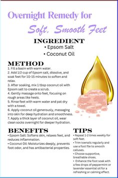 Tired of rough, dry feet? Try this easy overnight remedy to wake up with soft, smooth feet. Ideal for college girls seeking quick and effective foot care solutions.  Give this remedy a try tonight and wake up with soft, smooth feet! Share your foot care success with us!  #softfeetsselfcare #epsomsaltsoak #coconutoilmagic #footexfoliation #pamperingnight Smooth Feet Remedies, Feet Care Tips, Soft Feet Remedy At Home, Feet Care Routine, Soft Feet Remedy, Dry Feet Remedies, Overnight Remedies, Feet Remedies, Text Abbreviations