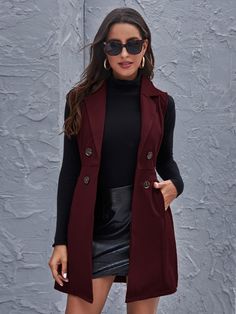 Lapel Collar Double Breasted Vest Coat | SHEIN USA Long Black Vest Outfit, Sleeveless Coat Outfit, Long Vest Outfits For Women, Long Vest Outfit, Black Vest Outfit, Long Black Vest, Vest Outfits For Women, Double Breasted Vest, Sleeveless Coat