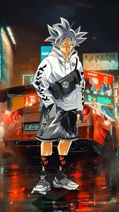 an anime character standing in front of a car on a city street with neon lights