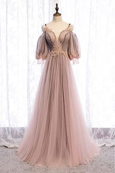 Shop fairy long tulle prom dress cold shoulder sleeved with straps online. Sheprom offers formal, party, casual & more style dresses to fit your special occasions. Tulle Prom Dress Long, Prom Dress Pink, Pink Evening Dress, Pink Party Dresses, Floor Length Prom Dresses, Evening Party Gowns, Bridal Party Dresses, Custom Size Dresses, A Line Prom Dresses