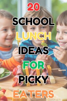 two children eating lunch at a table with text overlay reading 20 school lunch ideas for picky eaters