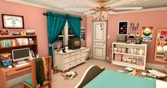 the bedroom is decorated in pink and teal with lots of bookshelves, desks, and pictures on the walls