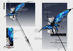 three different images of blue butterflies with white flowers