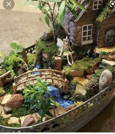 a fairy garden is displayed in a boat