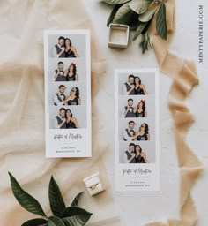 two polaroid photos on top of a table next to some flowers and greenery