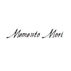 the word mementoto mori is written in black ink on a white background