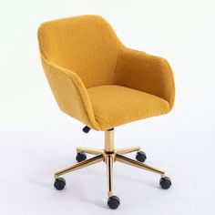 an office chair with wheels and a yellow upholstered seat, viewed from the front