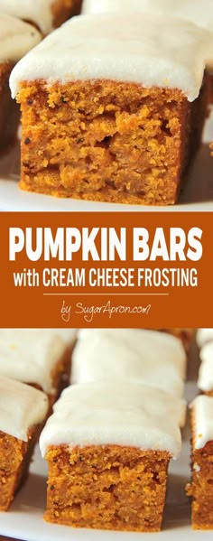 pumpkin bars with cream cheese frosting are on a white plate and have been cut into squares