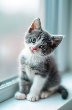 a gray and white kitten sitting on top of a window sill