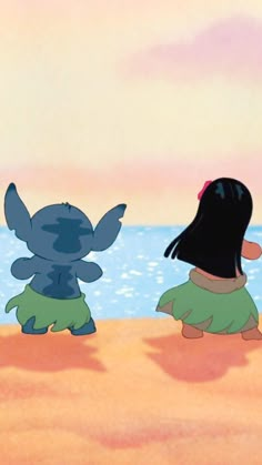 two cartoon characters are walking on the sand near the ocean and one is wearing a black hat