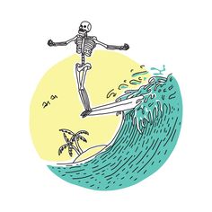 a skeleton surfing in the ocean with palm trees