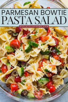 pasta salad in a glass bowl with the title overlay