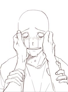 a drawing of a man holding his head in front of his face with both hands