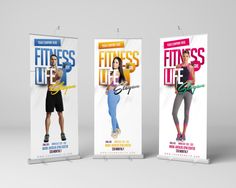 three roll - up banners with the words fitness life on each one and an image of a woman holding a tennis racquet