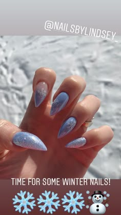 January Nails Snowflake, Winter Nails Ice Blue, Blue Chrome Snowflake Nails, Winter Stilleto Nails Design, Winter Nails Almond Shape Blue, Trending Acrylic Nails Winter, Snow Flake Nails Acrylics, Light Blue Winter Nails Acrylic, Baby Blue Winter Nails Acrylic