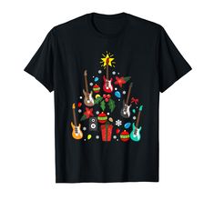 a black t - shirt with christmas decorations and guitars on it