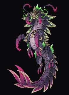 a drawing of a dragon with purple and green colors on it's back legs