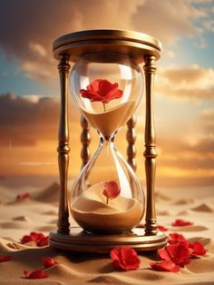 an hourglass with sand and a rose in it