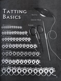 the book is open to show different types of laces and crochet tools