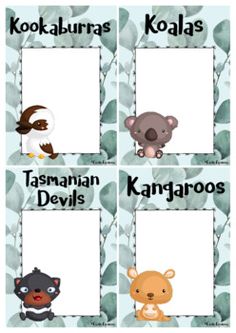 four different animals are shown in this printable name tags for the koalas