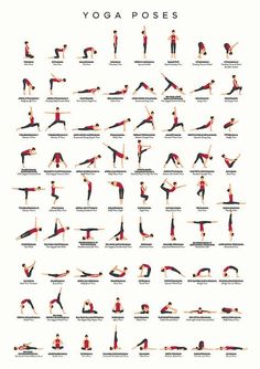 the yoga poses poster is shown in red and white