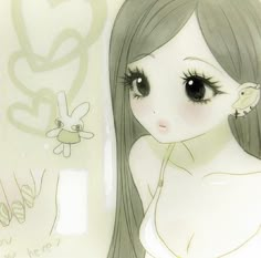 a drawing of a girl with long brown hair and big eyes looking at the camera