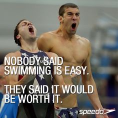 two men with their mouths open in front of an american flag and the words, nobody said swimming is easy they said it would be worth it