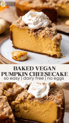 baked vegan pumpkin cheesecake with whipped cream on top