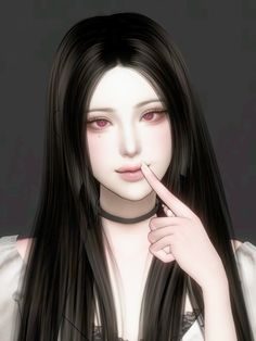 a woman with long black hair holding her finger to her lips