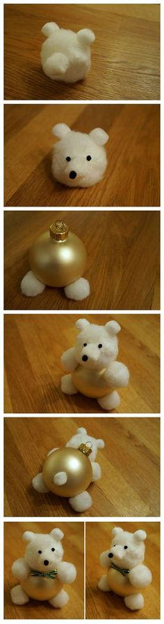 there are four pictures of stuffed animals on the floor together, one is gold and the other is white