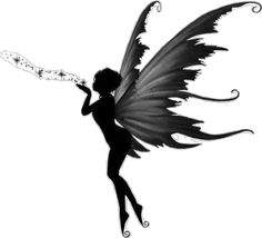 a black and white silhouette of a fairy holding a wand