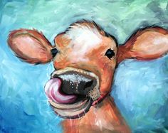 a painting of a cow sticking its tongue out