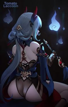 a woman with blue hair and horns holding a knife in her right hand while sitting on the ground