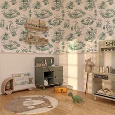 a child's room with toys and wallpaper