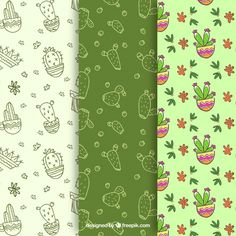 four different patterns with cactus and succulents on them, one is green