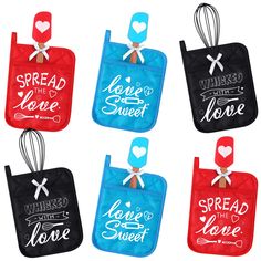 six oven mitts with the words spread the love and whisk the love on them