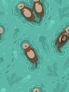 Seamless pattern with sea otters. Sea Otter Art, Otter Illustration, Otter Art, Watercolor Peacock, 30 Day Art Challenge, Sea Otters, Fantasy Mermaid, Romantic Wallpaper