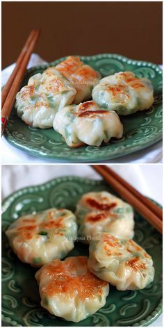 two plates with dumplings and chopsticks on them