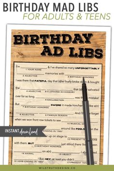 birthday mad lies for adults and teens with the words, happy birthday ad libs